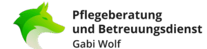 Das "Gabi Wolf: Pflegeberatung und Betreuungsdienst"-Logo. Es besteht aus dieser Überschrift und einem grünem Wolfskopf.