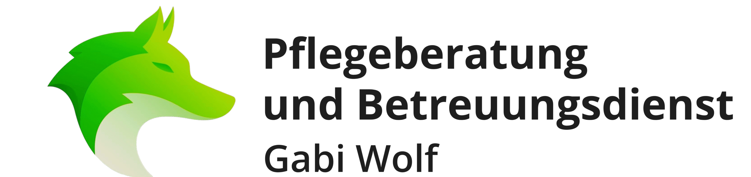Das "Gabi Wolf: Pflegeberatung und Betreuungsdienst"-Logo. Es besteht aus dieser Überschrift und einem grünem Wolfskopf.